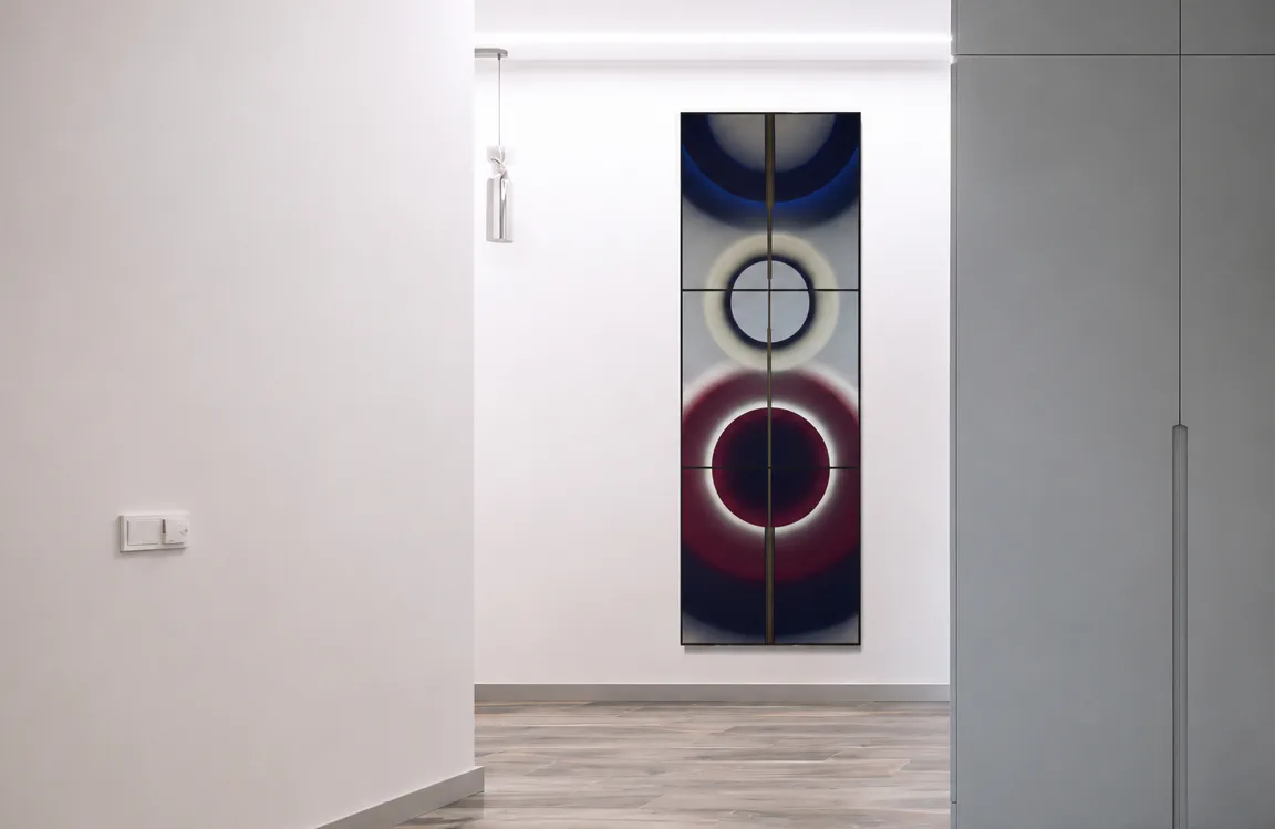 Pi Square exhibition view with paintings installed in a contemporary art fair setting
